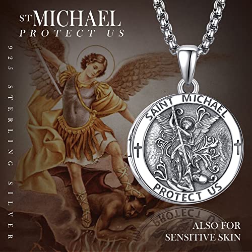 ADMETUS Locket St Michael Necklace for Men Sterling Silver Locket Saint Michael Necklace for Men Double Sided Round St Archangel Michael Pendant Sigil Protection Jewellery Religious Gifts