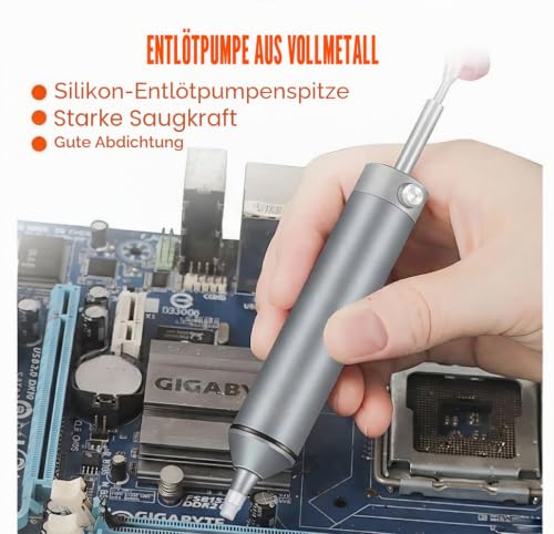 All-Metal Vacuum Soldering Extraction Desoldering Pump, Desoldering Tool with 2 Silicone Nozzles, High Suction Power, High Temperature Resistant Manual Solder Tin Extraction, Perfect Desoldering Tool