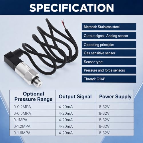 Stainless Steel Pressure Transducer, Pressure Sensor Silicon Pressure Transmitter Sensor Water Flow Sensor 4-20mA Output G1/4 Inch for Water Gas Oil (0-1 MPA)