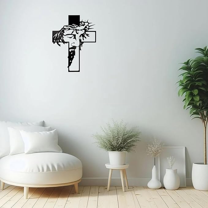 Modern Cross Metal Art Wall Hanging Ornaments - Christian Gifts for Women Religious Decor for Living Room & Home - Black Metal Wall Sculpture (9.84x12.59/25x32cm)