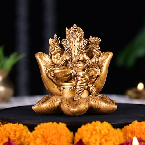 Artarium Padma Ganesh Idol 4.3 Inch, Golden Lord Ganesha Statue on Lotus, Ganpati Murti for Home Temple, Car Dashboard, Office Desk, Meditation Altar & Spiritual Gift #2 Padama Ganesha Idol
