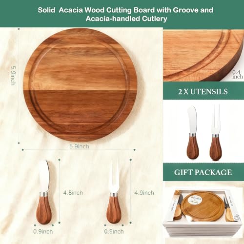 6-Inch Acasia Cheese Board Set with Knife & Fork, Personal Charcuterie Board & Dessert Plate, Reusable PP Storage Box, Gift-Ready for Wedding, Bridal Shower, Baby Shower, Party, 8 Pack Acacia – Honey Amber 8-Pack