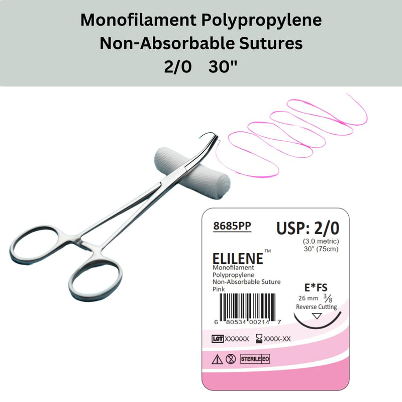 [Australia - AusPower] - ELILENE Veterinary Polypropylene Non-Absorbable Monofilament Sutures, Reverse Cutting, 3/8 Circle, 26mm, 2/0 30 inch (76 cm), 12 Individual Pack, FS, Pink, 8685PP 