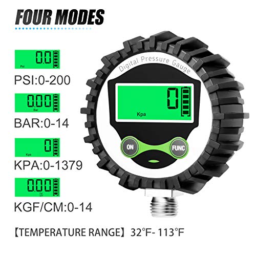 MEANLIN MEASURE 0-200 PSI digital pressure gauge with rubber cover, lower mount, and NPT hex bushings