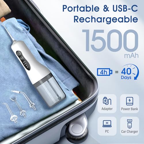 Wireless Electric Oral Irrigator, Professional Water Flosser, 4 Modes & 4 Nozzles, IPX7 Waterproof, 1300 mAh USB-C Rechargeable Water Flosser, 260 ml Interdental Cleaner Electric