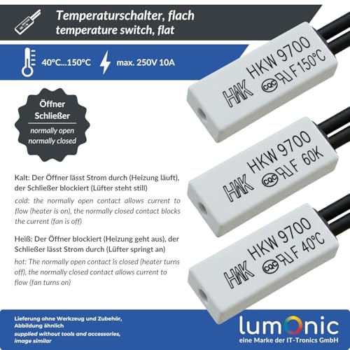 Lumonic HKW9700 Temperature Switch Flat | 40°C ± 4°C | NO | Max. AC 250V/5A | Max. DC 24V/8A | Cable 70mm | 21x8x4mm | Thermal Switch, Bi-Metal, KSD9700 | Motors, Power Supplies, Fan Heater Closing Contact
