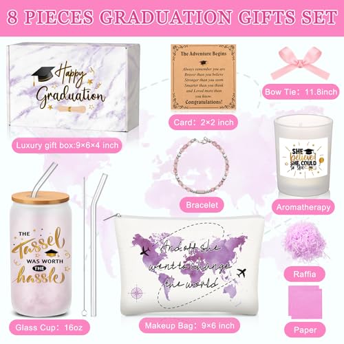 Potchen 7 Pcs Graduation Gifts for Girl Her Class of 2026 College High Graduation Gifts Box Set with 16oz Glass Cup Cosmetic Bag Bracelet Scented Candle with Box for Women Daughter Friend(Pink Purple) Pink Purple