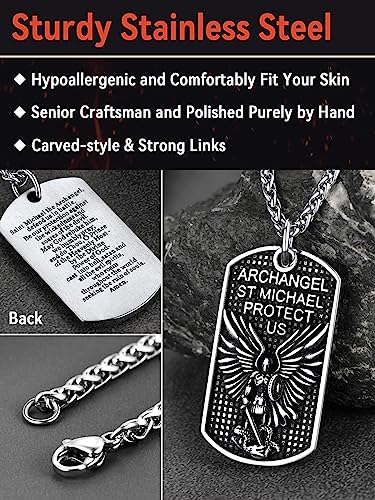 FaithHeart Saint Michael Necklace, Stainless Steel Archangel St Michael Shield/Coin/Dog Tag Pendant Necklaces for Men, Catholic Prayer Jewellery - With Gift Box Dog Tag-Steel