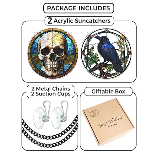 2 Halloween Raven Skull Acrylic Window Hanging 6" Ornaments, Art Gothic Decor for Home, Indoor, Garden, Housewarming, Gift for Mom, Grandma, Women, Friend SCB-A6-GT1 6" 2 Gothics - a