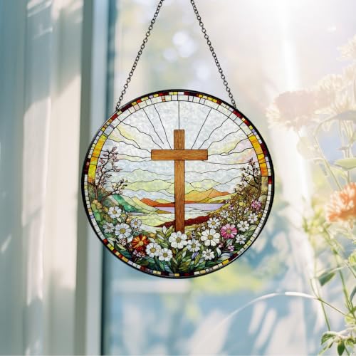Cross Wildflower Stained Glass Suncatcher for Window, Christian Gift Cross