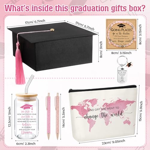 Vesici 8 Pcs Class of 2026 Graduation Gift Box Set for Women Her Grad Cap Box Glass Cup Makeup Bag Bracelet Pen Keychain College High School Graduation Gift for Daughter Sister Friend(Pink) Pink