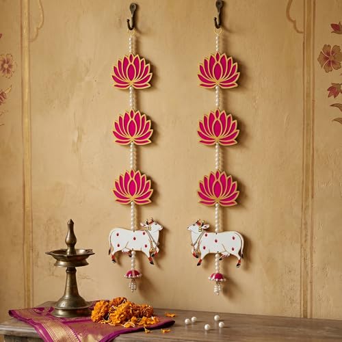 TIED RIBBONS 2 Pcs Kamdhenu Indian Hanging Decorations | Plastic, 2 feet | Lotus Wall Hanging for Indian Pooja Diwali Decor, Ganesh Chaturthi Decoration, Navratri | Wall Hangings for Mandir