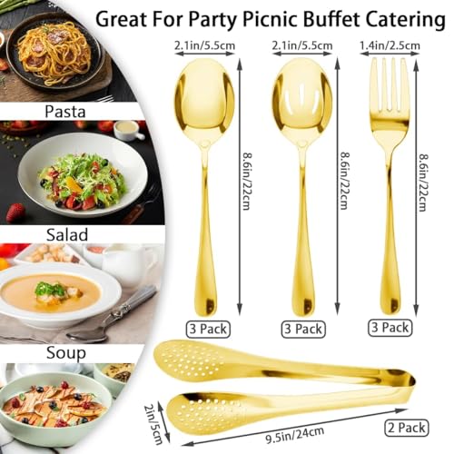 11PCS Stainless Steel Serving Utensils Set Large Slotted Spoons Food Tongs Serving Spoons Forks Multi-Purpose Gold Flatware for Buffet Dinner Party Catering Kitchen Entertaining (Gold)