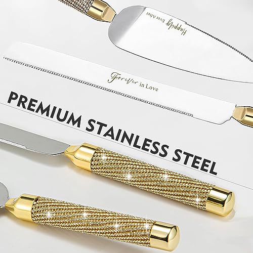 ROXBURGH Wedding Cake Knife and Server Set, Gold Rhinestone Handles