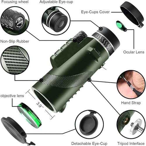 Monocular Telescope with Smartphone Adapter Tripod, Wide Field Monoculars for Adults with BAK4 Prism & FMC Lens, for Bird Watching Hiking Camping Wildlife-Green green