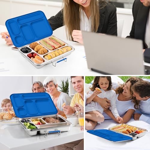 Stainless Steel Bento Box for Adults & Kids, 5-Compartment Lunch Box with 2 Sauce Containers, BPA-Free Bento Lunch Container, Dishwasher Safe, School & Work Meal Prep Lunch Container (Blue) Blue