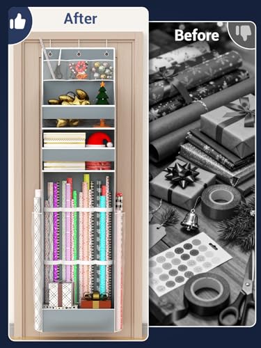 Hanging Gift Wrapping Paper Storage, Christmas Wrapper Bag Container, Long Craft Roll Organizer, Present Wrap Holder for Closet, Door (Gray) Gray