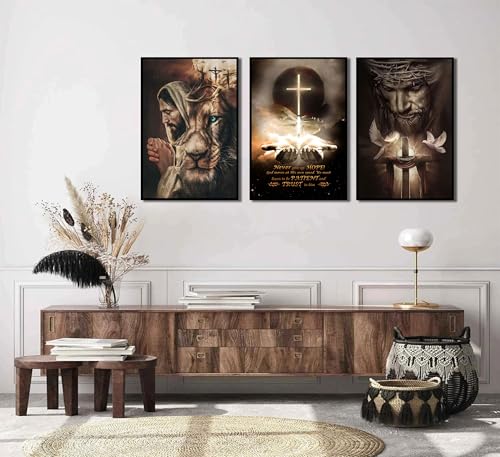 Jesus Wall Art Set of 3, Lion and Cross Canvas Prints, Unframed, 16x24 in Jesus Lion Posters 24"Lx16"W