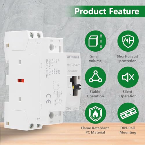 Wengart Humm-Free Installation Contactor 25A AC 230V - 1NO + 1NC (1 N/O Contactor, 1 Opener) - with Manual Control Manual Control - 18 mm (1 TE) - Silent Contactor for Load Dropping & Maintenance 1NO1NC
