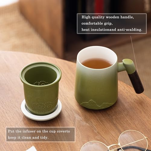 Tmtemn 12oz wood handle tea mug with infuser lid, perfect for brewing loose leaf tea, shown in gift box packaging.