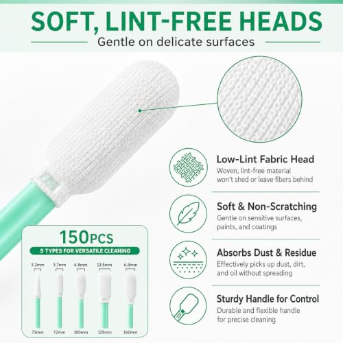 150PCS Microfiber Cleaning Swabs, 5-Size Lint Free Swabs Cleaning Q Tips for 3D Printers, Drones, Camera Lenses, Optics, Electronics, Auto Detailing, Arts and Crafts Green