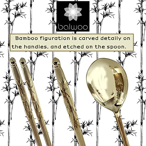 [Made in Korea] Bamboo Design Sticky Rice Spoon Chopsticks Set Gold Titanium Plating 304 Stainless Steel Soup Spoon Ramen Noodle Chopsticks Flatware (2 Sets) 2 Sets
