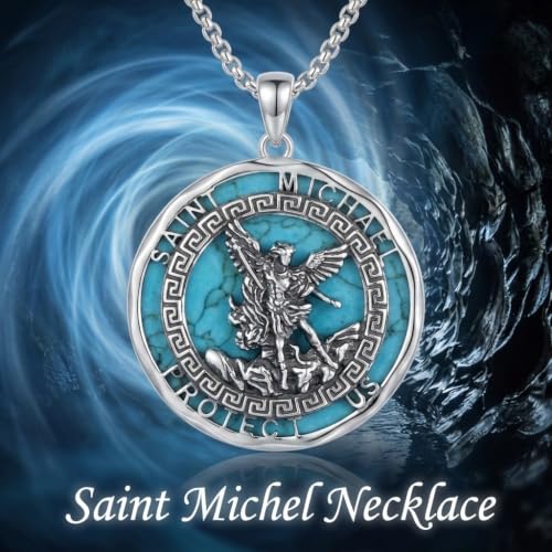 ONEFINITY St Michael Pendant for Men S925 Sterling Silver Saint Michael Turquoise Pendant Necklace Archangel Medal Catholic Religious Turquoise Jewelry Gifts for Men Women