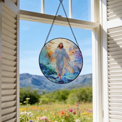 Jesus Stained Glass Sun Catcher 7.88 Inch Home Decor Gift Ocean + Jesus
