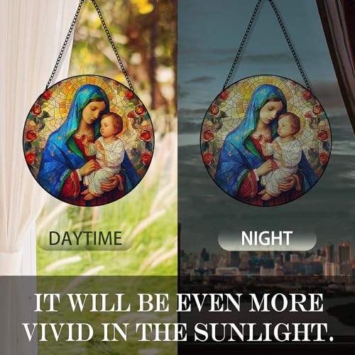 Virgin Mary Suncatcher Stained Glass Window Hanging, Religious Sun Catchers Indoor Window Glass Round Wall Decor, Spiritual Wall Art Hanging Decorations, 7.8＂x7.8＂ Virgin Mary