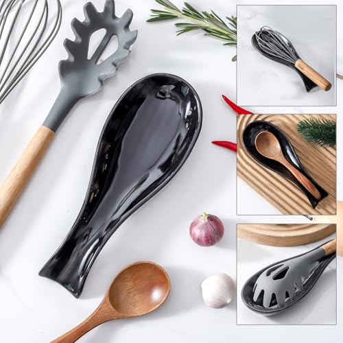 Ceramic Spoon Rest for Stove Top, Large 8.7 Inch Spoon Holder for Kitchen Counter, Porcelain Utensil Rest for Ladle, Spatula, Housewarming Gift, Dishwasher Safe and Heat-Resistant, Black, Set of 2