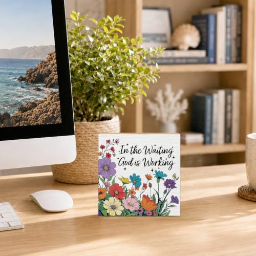 In the Waiting God Is Working Wooden Box Sign, Floral Plaque White 2