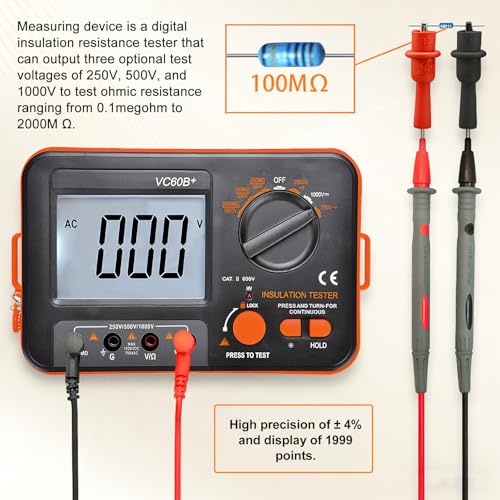 Digital Megohmmeter, Insulation Resistance Tester Insulation Resistance 0.1MΩ-2GΩ with 250V/500V/1000V Test Voltage with Backlit LCD Display, Includes Measuring Tips Crocodile Clips