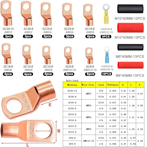 Taiss 110 pieces copper cable lugs set, shrink tube set, ring cable lugs, 6 mm², 10 mm², 16 mm², 25 mm², 35 mm², copper cable lugs, M6, M8, M10 with heat shrink tubes for car battery cable distribution boxes