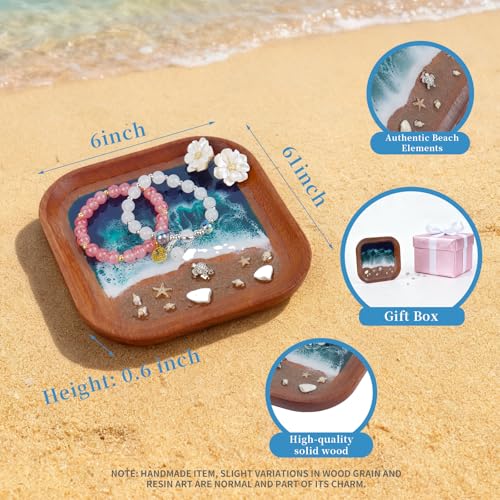 Handmade Seashell Resin Tray – 6x6 Inch Beach Decor Organizer with Real Sand, Starfish & Natural Wood Base – Coastal Nautical Jewelry Dish for Rings, Earrings, Keys