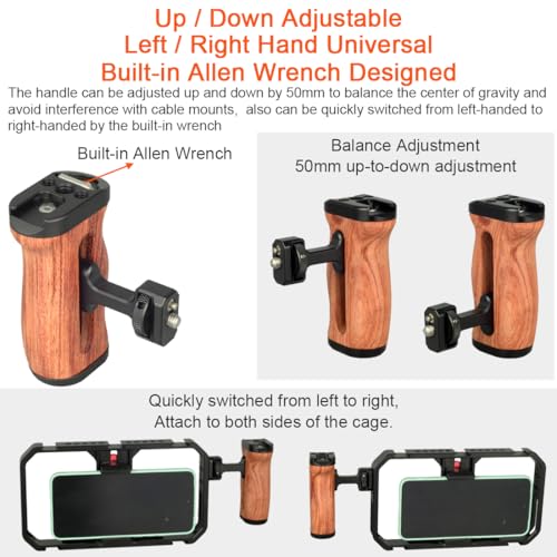 Wooden Camera Cage Side Handle Grip with 1/4" Screw Locating Mount for ARRI, Mini Side Handle for Smartphone Cage Video Rig and Action Camera Cage Compatible with Gopro/Insta360/DJI Osmo