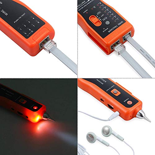 BOOGIIO orange RJ45 RJ11 wire tester with earphone for Ethernet LAN and telephone cable tracking