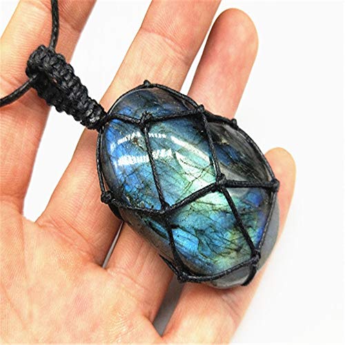 AITELEI Natural Labradorite Crystal Necklace Healing Chakra Pendant with Hand-Woven Rope Labradorite Palm Stone Moonstone Healing Stone Pendant