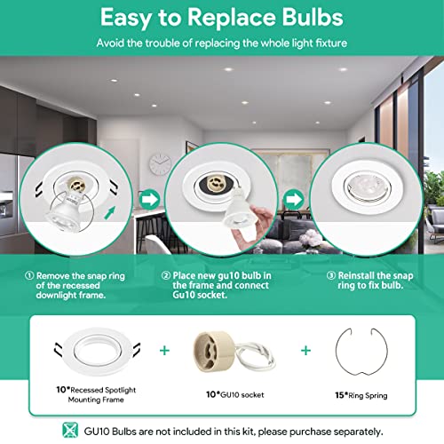 Tailcas Set of 10 Recessed Spotlights GU10 68-80 mm Hole Size Round Matt White | GU10 Recessed Frame 230V incl. GU10 Socket, 30° Swivel Recessed Spotlights and Ceiling Spotlights for LED/Halogen (Bulbs Not Included) Round, Matt White
