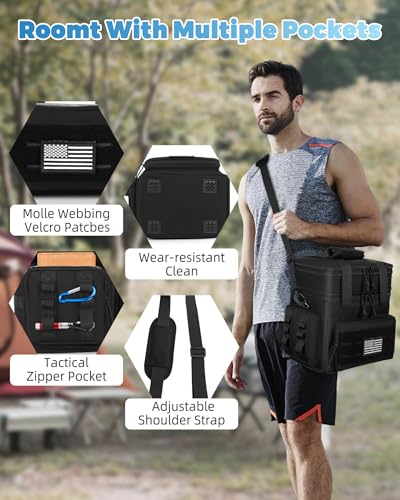 Black holuxer tactical lunch bag and box for men, large soft insulated lunch bag with multiple compartments.