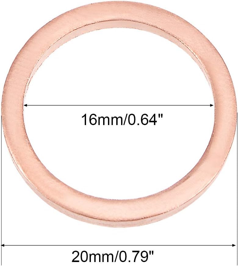 Unifizz 16mm x 20mm x 2mm copper flat washers for screw bolts, 20-piece set