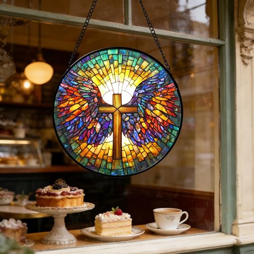 Christian Cross Wings Stained Glass Window Hanging Suncatcher Gifts 7.8" Gold 7.8x7.8 IN
