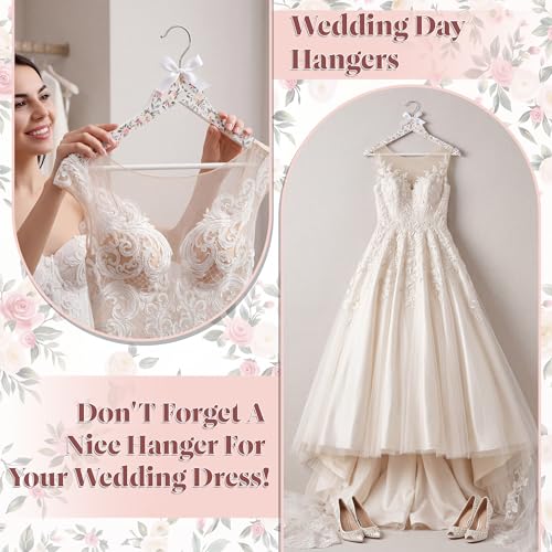 Junkin 6 Pcs Bridesmaid Hangers for Wedding Dress White Floral Bride Wooden Hanger for Bride Cute Bow Hangers for Bridal Shower Party Gift Tuxedo Photo