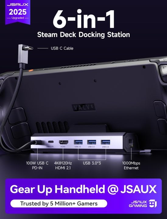 Steam Deck Dock,Docking Station for Steam Deck/ROG Ally,6-in-1 Steam Deck Docking Station with HDMI 2.0 4K@60Hz,Gigabit Ethernet,3 USB 3.0 and 100W USB-C Charging Port Compatible with Steam Deck OLED