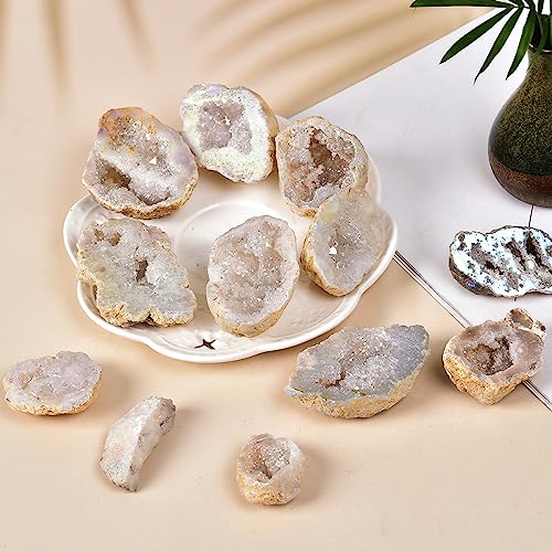 JIC Gem 0.88 Lbs Angel Aura Quartz Crystals Geode Druzy Cluster Titanium Coated Natural Irregular Rock Gemstone Specimen 1.2-2.5" Ab Color(0.88 Lbs)