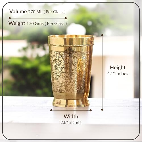 Indian Art Villa Brass Glass Tumbler, Embossed Design, 11 Oz Each, Set of 2