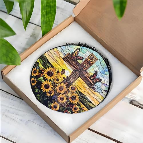 Cross Stained Glass Sun Catcher, 8 Inch Window Hanging Christian Gifts Cross and Sunflower