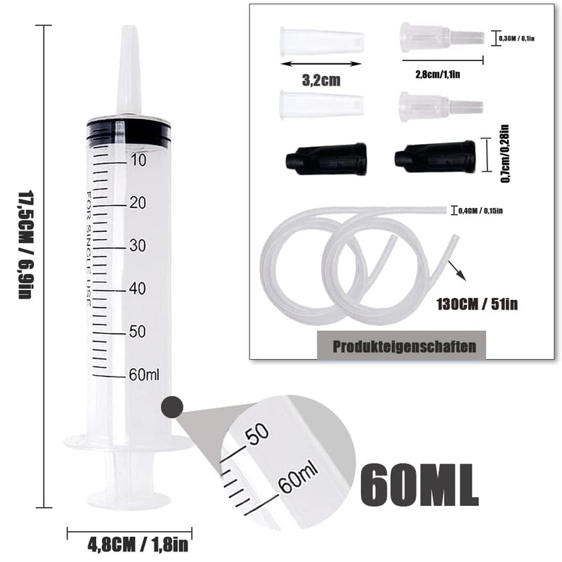 Plastic Syringe, Set of 2 60 ml Syringes with Hose for Science Laboratories, Factories and Daily Use