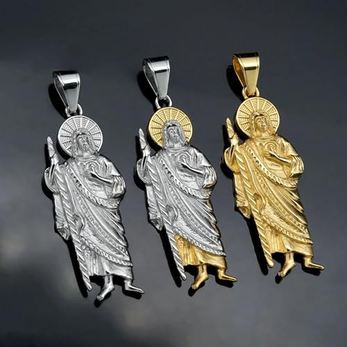 925 Sterling Silver Religious San Judas Tadeo Pendant Necklace 14K Yellow Gold Saint Jude Pendant cadena de san judas tadeo para hombre St San Judas Pendants Saint Jude Necklace for Women and Men 70cm