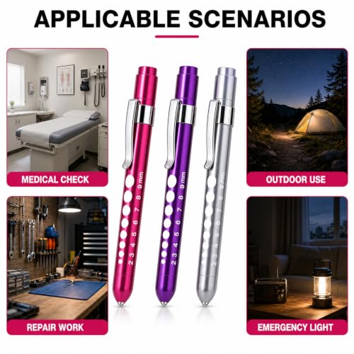 Zolara Led Stiftlampe, Pupillenleuchte Set, LED Taschenlampe Augenleuchte, Taschenlampe mit Clip und Skala, für Augenuntersuchungen, Notfall und Pflegezubehör, Lila, Silber, Rosa