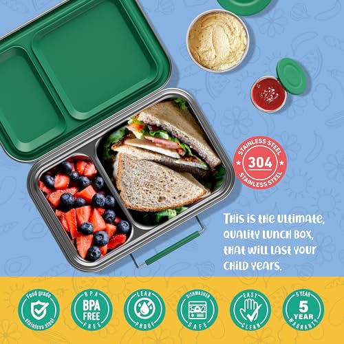 AOHEA Stainless Steel Lunch Box for Kids, Leak Proof Bento Lunch Box BPA Free 304 Stainless Steel Bento Box Stainless Bento Box with Containers for School and Office(Green) Green
